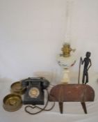 Paraffin lamp, vintage Bakelite telephone, railway shelf, carved wooden African tribal figure,