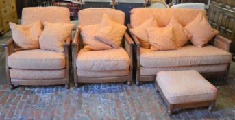 Ercol bergere 2 seater sofa & 2 arm chairs with a foot stool