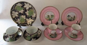 2 19th century hand painted tea cup (repair to one handle), saucer and plates, pink ground, with