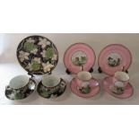 2 19th century hand painted tea cup (repair to one handle), saucer and plates, pink ground, with