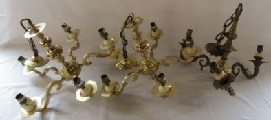 Pair of brass ceiling light fittings 5 branch and an ornate 3 branch ceiling light fitting