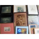 Selection of framed prints, "Portrait of Trabue" after Van Gogh, small watercolour depicting