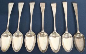 6 + 1 old English pattern silver dessert spoons with later engraved initial, London 1762 & 1824, 8.