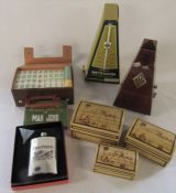 Boxed metronome, Mahjong set, graduated bamboo boxes and a pewter hip flask 'The field'