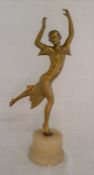 Art Deco painted metallic figure of a dancing girl on a marble base. Ht 31cm