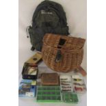 Fishing interest - Anglers back pack, fly box with dry flies, Devon Spinners, fly box with sea trout