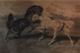 Large Rosa Bonheur signed print depicting two fighting stallions. Frame size 108 by 81cm