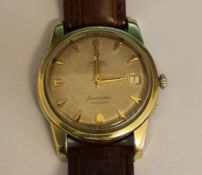 Gents gold plated Omega Seamaster wristwatch, serial number 16262862, 1958, on Omega brown leather