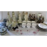 Selection of ceramics including Regal lady figurines, set of 7 Royal Botanical Garden mugs,