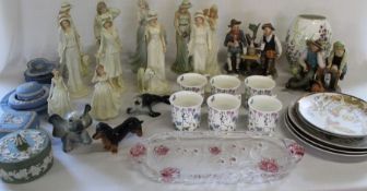Selection of ceramics including Regal lady figurines, set of 7 Royal Botanical Garden mugs,