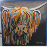 Large framed canvas print of a highland cow by Steven Brown 103 cm x 103 cm