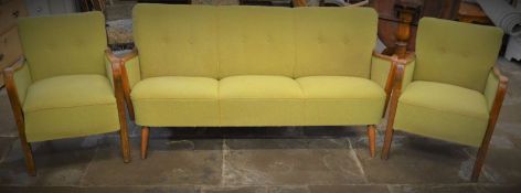 Art Deco 3 piece suite comprising 3 seater sofa & 2 arm chairs. Sofa Length 160cm D 73cm Ht 78cm