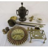 Assorted brassware etc inc poker, trivet, table lamp and star wall clock