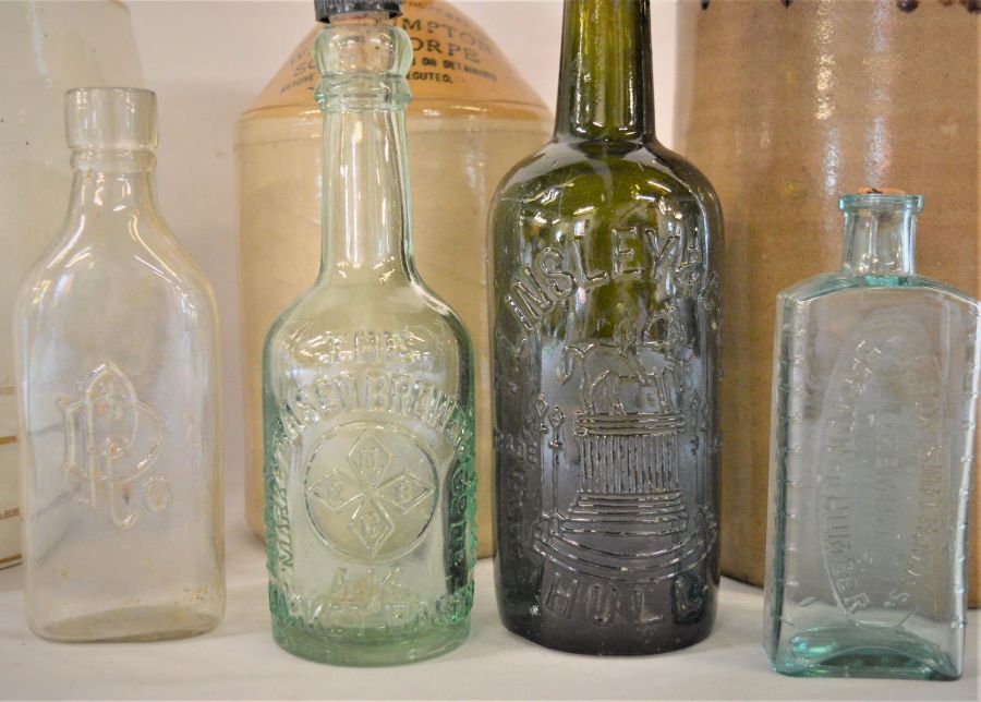 Large gin barrel, stoneware flagons & local bottles including Mark Smith Chemist of Louth, - Image 2 of 2