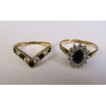 2 9ct gold sapphire and cubic zirconia dress rings, size R & T, total weight 3.9 g
