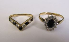 2 9ct gold sapphire and cubic zirconia dress rings, size R & T, total weight 3.9 g