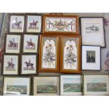 Set of 3 framed decorative tiles, 6 framed H Alken sporting prints and Officers of the British