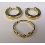 Pair of 9ct gold hoop earrings weight 2.1 g H 16 mm & a 9ct gold ring size K weight 1.1 g