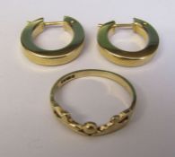 Pair of 9ct gold hoop earrings weight 2.1 g H 16 mm & a 9ct gold ring size K weight 1.1 g