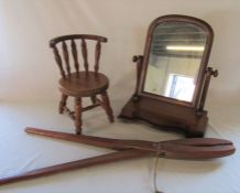 Toilet mirror, large wooden tongs / grabbers L 93 cm and a dolls chair H 39 cm