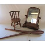 Toilet mirror, large wooden tongs / grabbers L 93 cm and a dolls chair H 39 cm