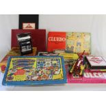 Quantity of retro games including HGP Flap-Dice, Monopoly, Cluedo, Ulcers, a Brio pull along