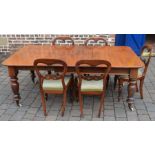 Victorian mahogany draw leaf table with single leaf extending to L 192cm W 110cm with 5 balloon back