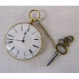 18ct gold ladies fob watch, total weight 27 g, D 3 cm (appears to be working although cannot