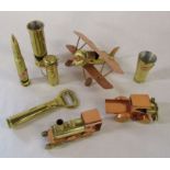 Selection of novelty items made from shell / bullet cases trench art style inc train, bottle