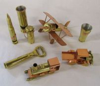 Selection of novelty items made from shell / bullet cases trench art style inc train, bottle