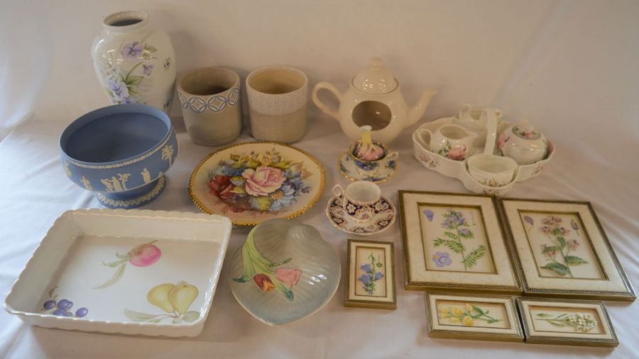 Ceramic vases including Wedgwood jasperware, cups with saucers, wall plaques etc