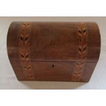 Domed top tea caddy with inlaid decoration L 22.5 cm H 17 cm (no key)