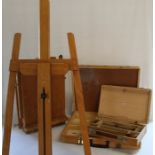 Large wooden easel, table box easel & 2 further artist's boxes