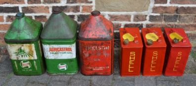3 vintage Shell petrol cans, 2 Agricastrol oil cans & a Thelson oil can