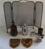 Small folding brass firescreen, silver plated cocktail shaker & 3 tot cups, Artists Rifles and Royal