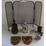 Small folding brass firescreen, silver plated cocktail shaker & 3 tot cups, Artists Rifles and Royal