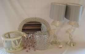 Pair of Laura Ashley lamps, 3 modern light shades & an oval pearl effect wall mirror