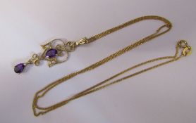 9ct gold amethyst and seed pearl pendant weight 1.5 g H 4 cm with a 9ct gold chain weight 1.5 g L 45
