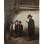 Victorian School, oil on canvas The Cherry Pickers - three young boys being reprimanded for stealing