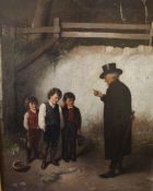 Victorian School, oil on canvas The Cherry Pickers - three young boys being reprimanded for stealing