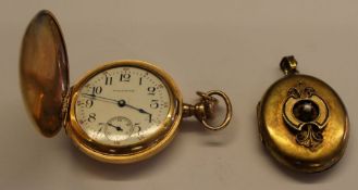 American Waltham Watch Co gold plated ladies full hunter fob watch with crown winder (no glass) &