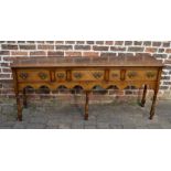 Very good quality reproduction Georgian dresser base in oak with cock beading to draws L 180 cm