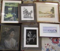 Various prints inc Jean Yves Couliou limited edition 226/333, pastel drawing and a watercolour