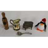 Treen bottle corker, Wade copper lustre jug, EPNS spoon, TY Beanie penguin & grand piano trinket