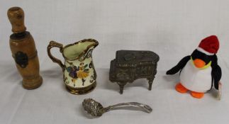 Treen bottle corker, Wade copper lustre jug, EPNS spoon, TY Beanie penguin & grand piano trinket