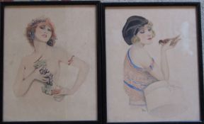 Pair of framed Art Deco watercolours by R Keeping signed and dated 1927 24.5 cm x 30 cm (size