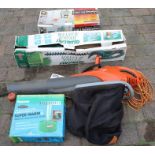 Flymo electric leaf blower, Qualcast electric hedge trimmer, telescopic floodlight & greenhouse