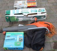 Flymo electric leaf blower, Qualcast electric hedge trimmer, telescopic floodlight & greenhouse