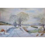 Framed watercolour of a snowy rural scene by I R MacGregor 69 cm x 54 cm (size including frame)