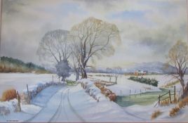 Framed watercolour of a snowy rural scene by I R MacGregor 69 cm x 54 cm (size including frame)